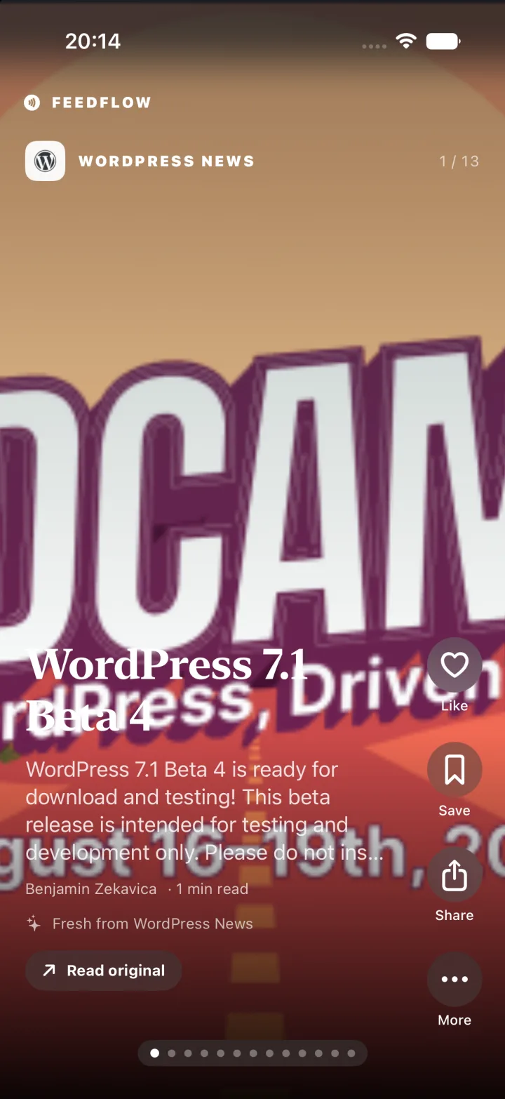 PROSA feed showing a WordPress News story