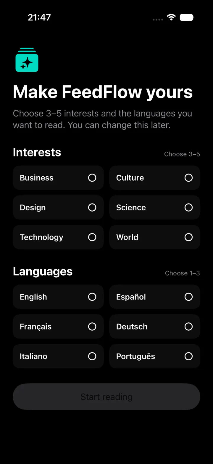 PROSA onboarding screen for choosing interests and languages